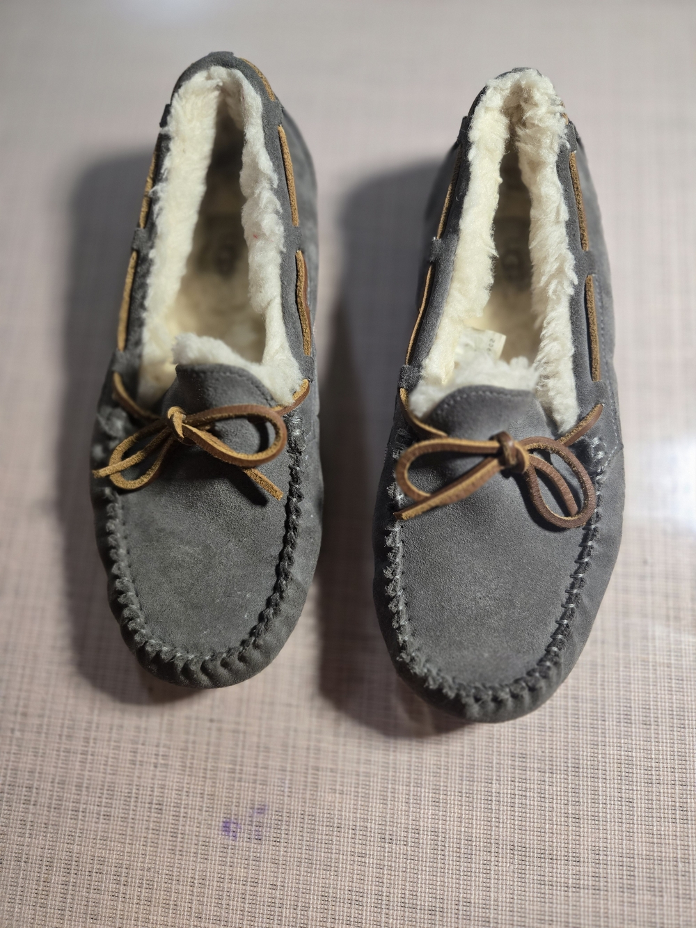 UGG Gray Suede Women’s Moccasin Slippers with Shearling Trim